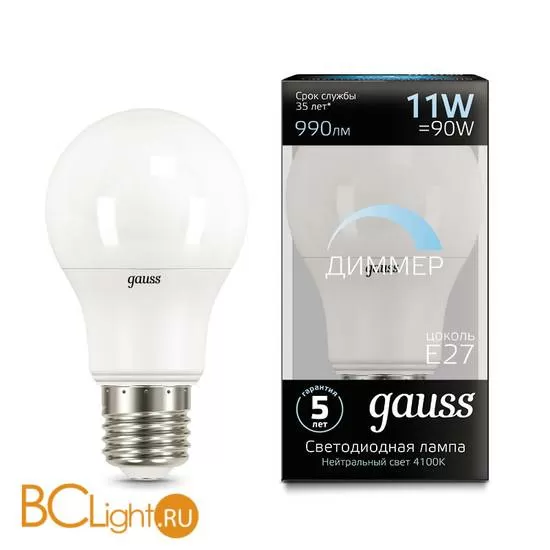 Лампа Gauss LED A60-dim E27 11W 990lm 4100К 102502211-D