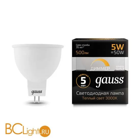 Лампа Gauss LED MR16 GU5.3-dim 5W 500lm 3000K 101505105-D
