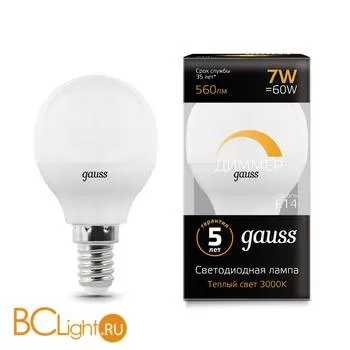 Лампа Gauss LED Шар-dim E14 7W 560lm 3000К 105101107-D