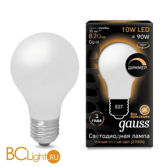 Лампа Gauss LED Filament A60 OPAL dimm E27 10W 820lm 2700К 102202110-D