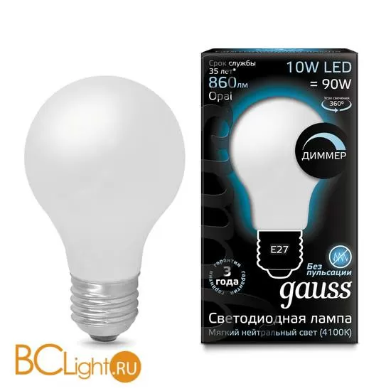 Лампа Gauss LED Filament A60 OPAL dimm E27 10W 860lm 4100К 102202210-D
