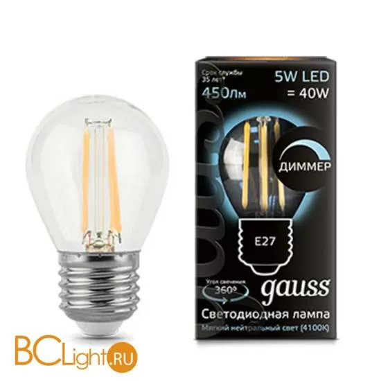 Лампа Gauss LED Filament Шар dimm E27 5W 450lm 4100K 105802205-D
