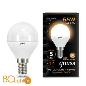 Лампа Gauss LED Шар E14 6.5W 520lm 3000K 105101107