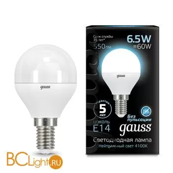 Лампа Gauss LED Шар E14 6.5W 550lm 4100K 105101207