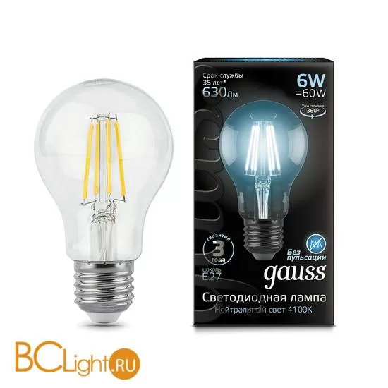 Лампа Gauss LED Filament A60 E27 6W 630lm 4100К 102802206