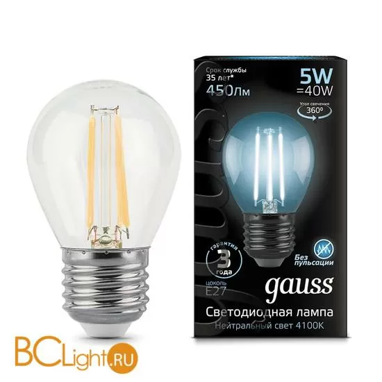 Лампа Gauss LED Filament Шар E27 5W 450lm 4100K 105802205