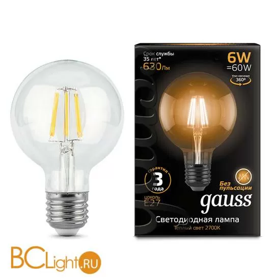 Лампа Gauss LED Filament G95 E27 6W 630lm 2700K 105802106