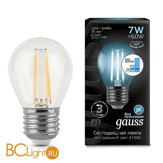 Лампа Gauss LED Filament Шар E27 7W 580lm 4100K 105802207-S