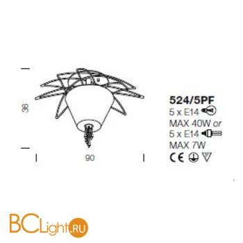 Потолочный светильник IDL Flame 524/5PF velvet white + light gold / white organza - Схема