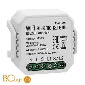 Компактный WI-FI выключатель двухканальный. Мощность 2х1150W (2х150W LED). Режимы: дистанционное управление освещением (Вкл/Выкл), выставление таймера работы. MS002