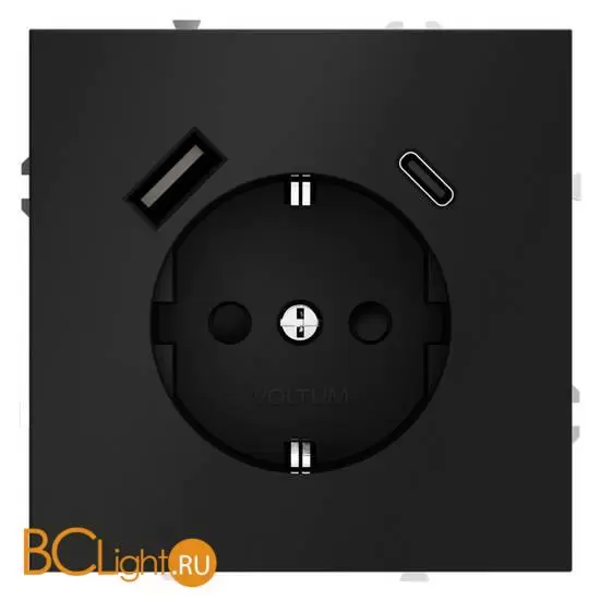 Розетка встраиваемая VOLTUM S70 с заземлением и защитными шторками, 16А, с USB, A+С, (черный матовый) VLS040508