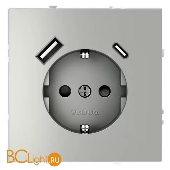 Розетка встраиваемая VOLTUM S70 с заземлением и защитными шторками, 16А, с USB, A+С, (сталь) VLS040505