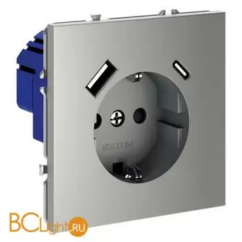 Розетка встраиваемая VOLTUM S70 с заземлением и защитными шторками, 16А, с USB, A+С, (сталь) VLS040505 - Фото 1