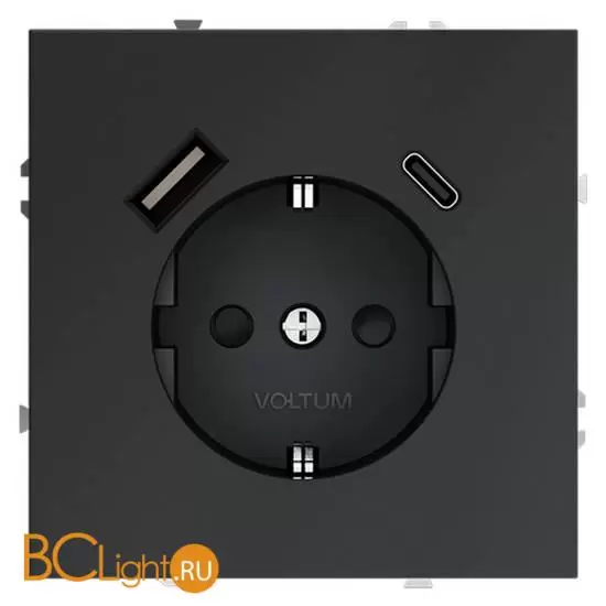 Розетка встраиваемая VOLTUM S70 с заземлением и защитными шторками, 16А, с USB, A+С, (графит) VLS040507